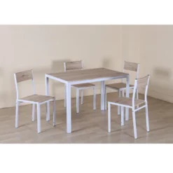 Ensemble Table + 4 Chaises Métal Blanc Et Effet Bois Clair