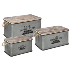 Lot De 3 Malles Métal Gris Plateau Bois Atmosphera